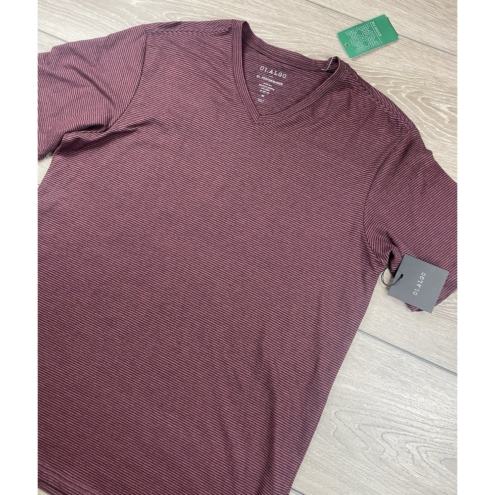 01.Algo Men's Short Sleeve Striped Quick Dry UPF 40 T Shirt Maroon Medium New